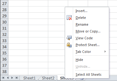 Contextual menu from worksheet tab